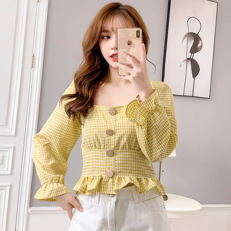 long sleeve yellow Летняя винтажная клетчатая блузка для женщин с квадратным воротником и пышными рукавами, женские короткие топы размера плюс, блузки, рубашки, женская рубашка - Цвет: long sleeve yellow
