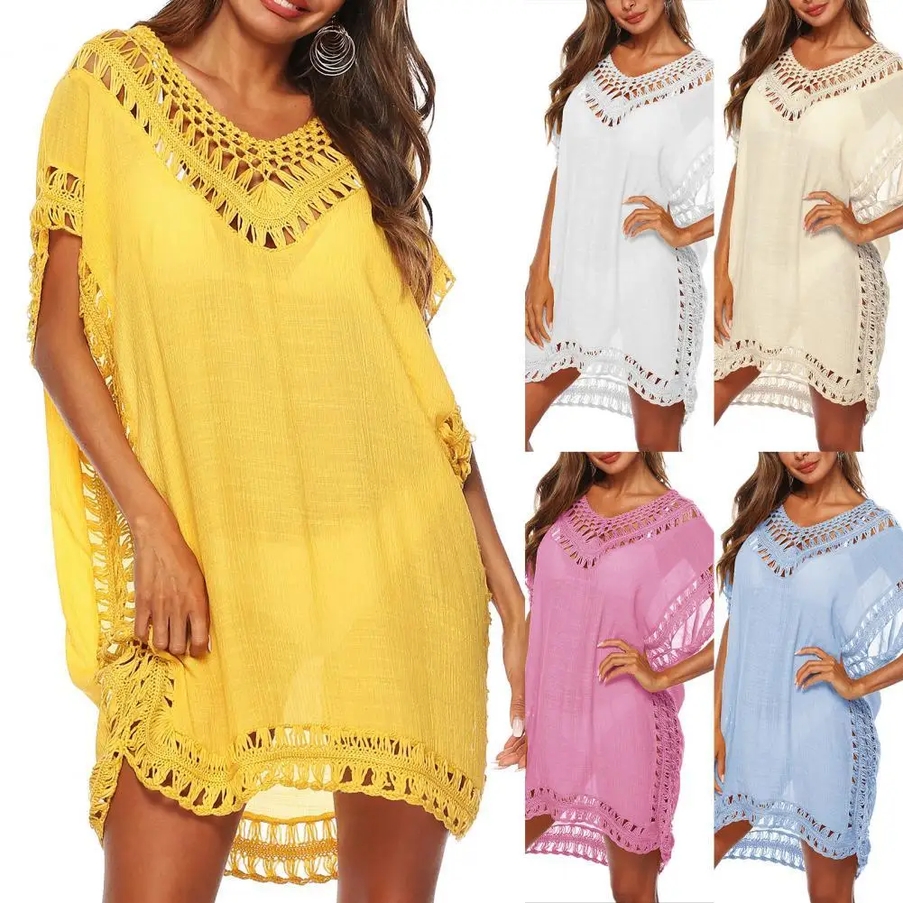 

Свободная пикантная накидка на бикини, кружевной ажурный вязаный купальник, накидки на бикини, женская накидка на бикини с вырезами и V-обра...