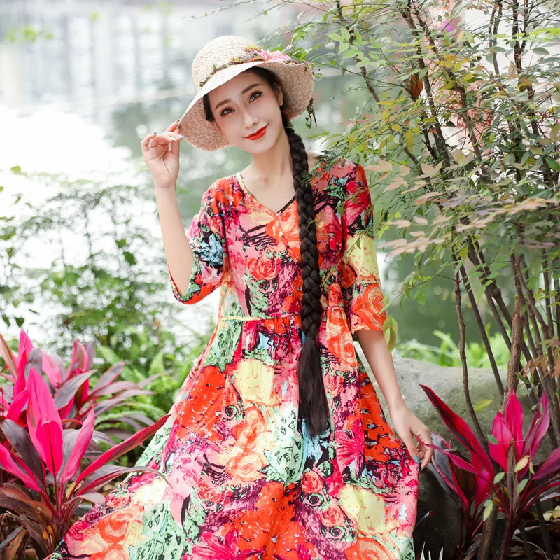 

2020 Summer New Ethnic Style Vintage Printed Dress Loose-Fitting plus Size V-neck Slimming Large Hem Cotton and Linen Dress
