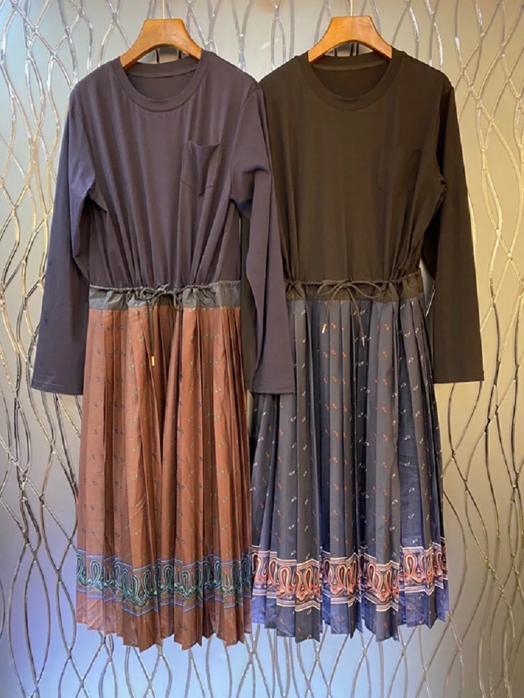 

2020 Autumn Fashion Cotton Dress High Quality Women O-Neck Vintage Print Drawstring Waist Long Sleeve Mid-Calf Pleated Dress