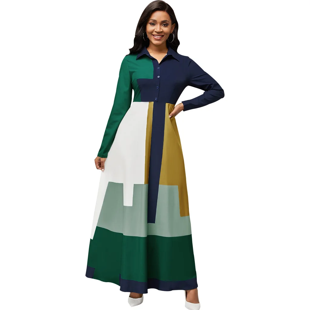 

2022 Spring Summer Elegant Long Sleeve Hit ColorDress Women Slim Office Ladies Causal Turn-Down Collar Button Up Shirt Dress