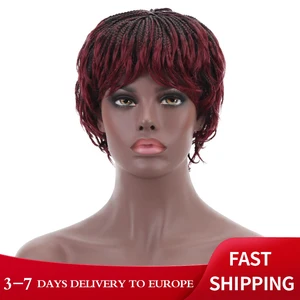 Бесплатная красота короткие плетеные косички в коробке синтетические волосы винного красного цвета 12 дюймов парики с челкой для женщин повседневные термостойкие волокна