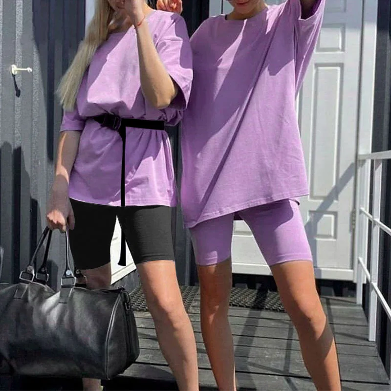 

Fashion Summer Sets With Belt Women Solid Short Sleeve Tshirt And Shorts Tracksuit Women High Street Loose Two Piece Set