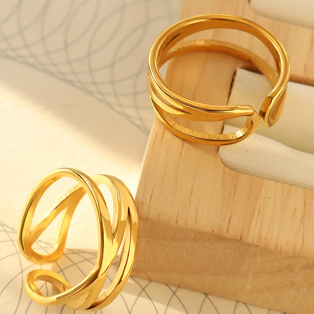

Fine Anneau Jewellery Stainless Steel Double Layer Ring Women Hollow Smooth Band Open Ring Silver Gold Color Ring for Girls