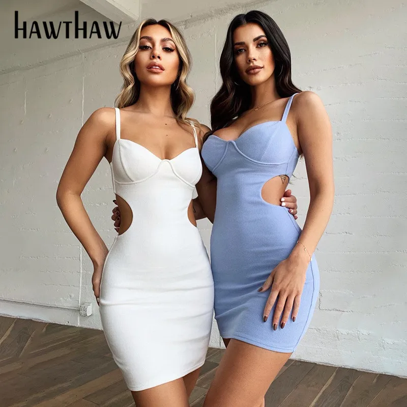 

Hawthaw Women Summer Hollow Out V Neck Bodycon Slim Package Hip Mini Short Dress Sundress 2021 Female Clothing Streetwear