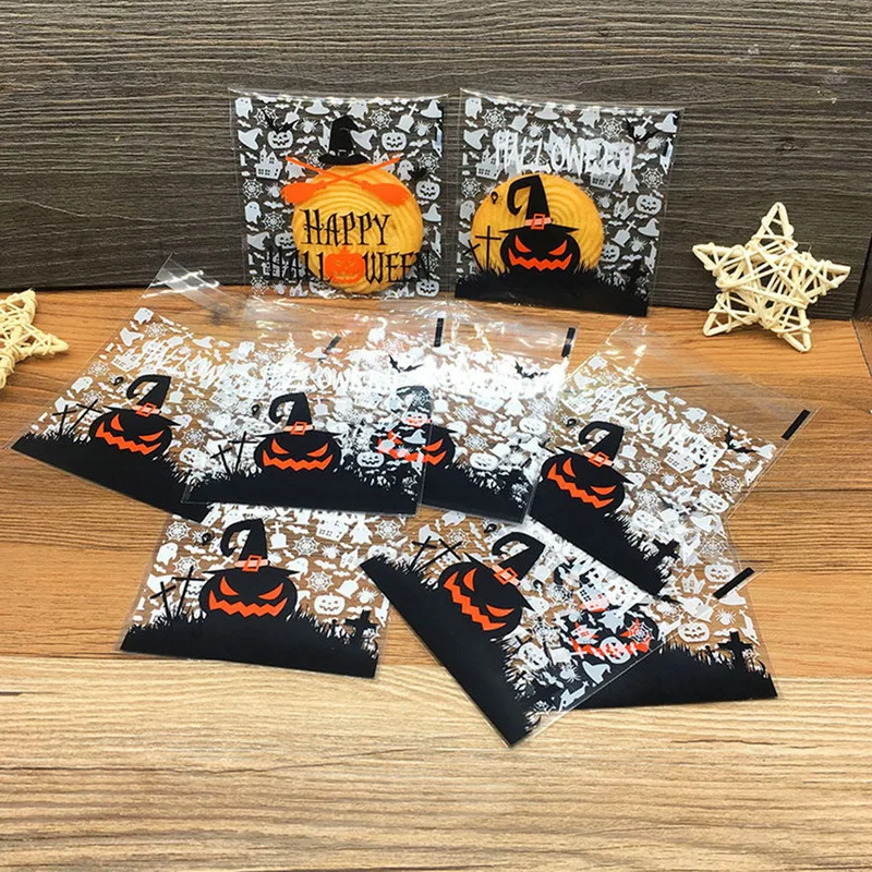 

100Pcs Halloween Candy Packaging Bag Christmas DIY Biscuits Chocolate Packing Bags Ghost Santa Claus Snack Self-Adhesive Bags