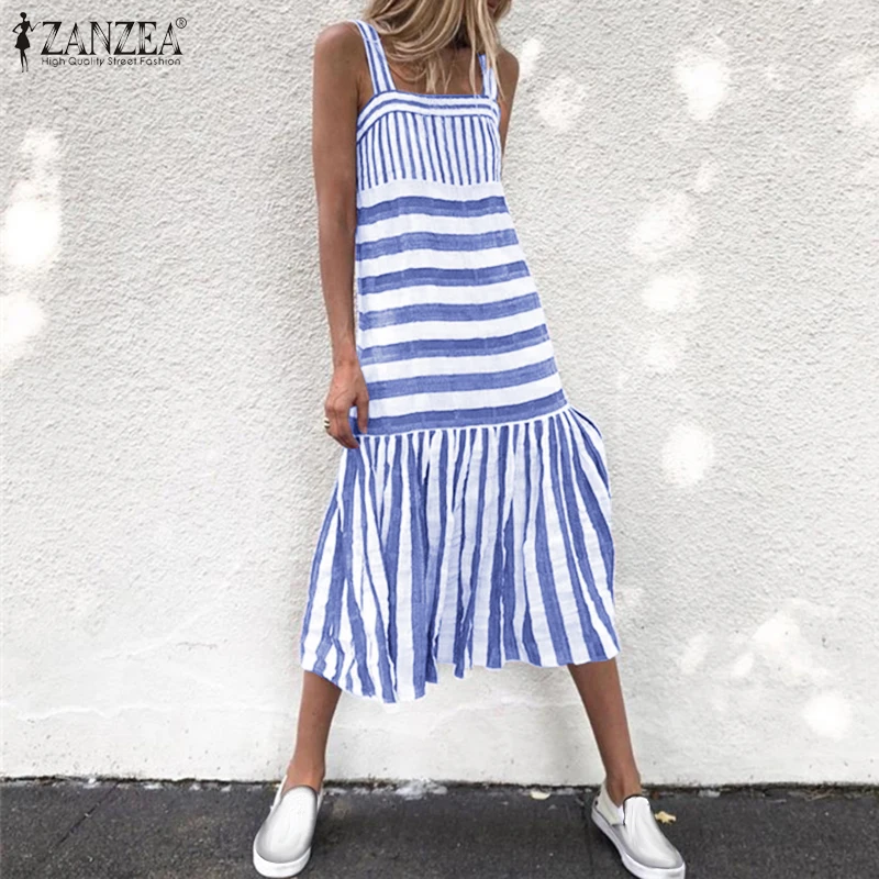 

ZANZEA Women Suspender Dress 2021 Summer Ruffle Midi Vestidos Casual Striped Long Sundress Ladies Patchwork Robe