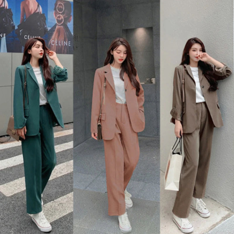 

Spring Autumn Women's Office Suit Two-Piece Pantsuit Elegant Blazer Girly Female Set Casual Loose Pants Jacket Work Clothes