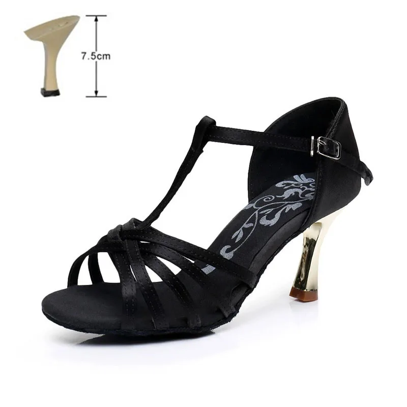 black 7.5cm indoor Женская обувь для латинских танцев; атласная Обувь для бальных танцев; сандалии для танго и сальсы; Каблук 5 см/7 см - Цвет: black 7.5cm indoor