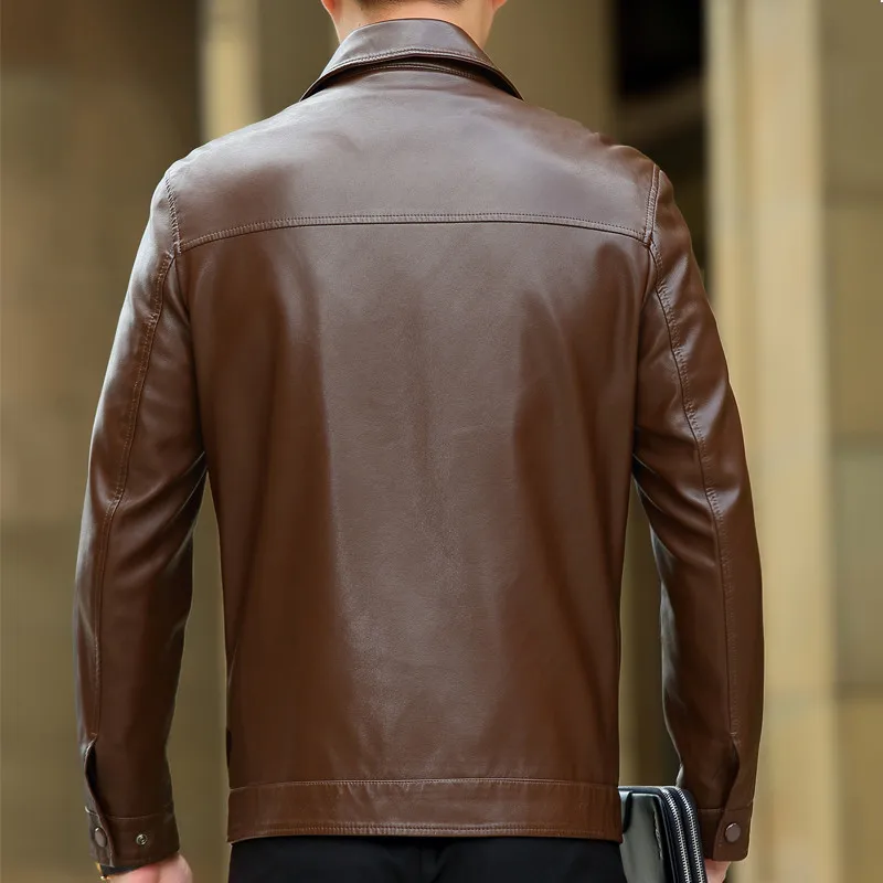 

Spring Leather Jacket Men Black Brown Solid Mens Faux casaco loose Fit middle aged business jaqueta couro masculina HH026