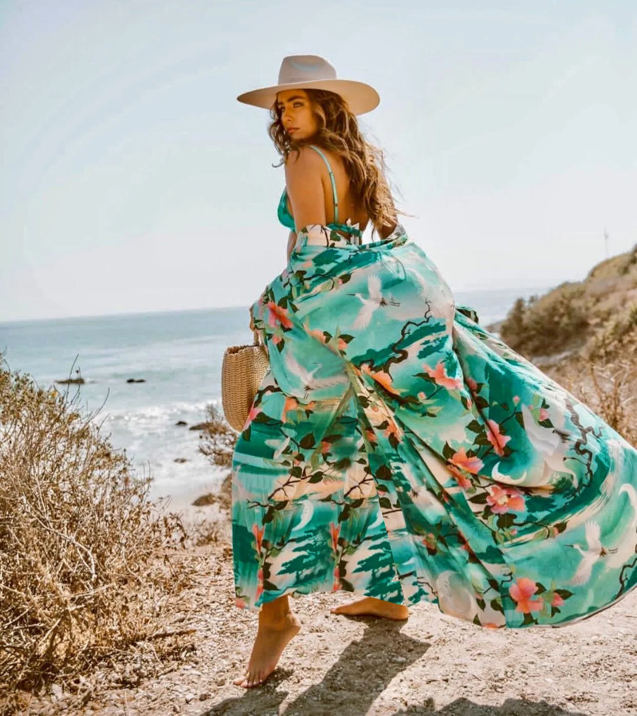 

2021 Crane Print Loose Beach Jacket Sunscreen Mid-Length Cardigan Swimsuit Cover Up Skirt Women