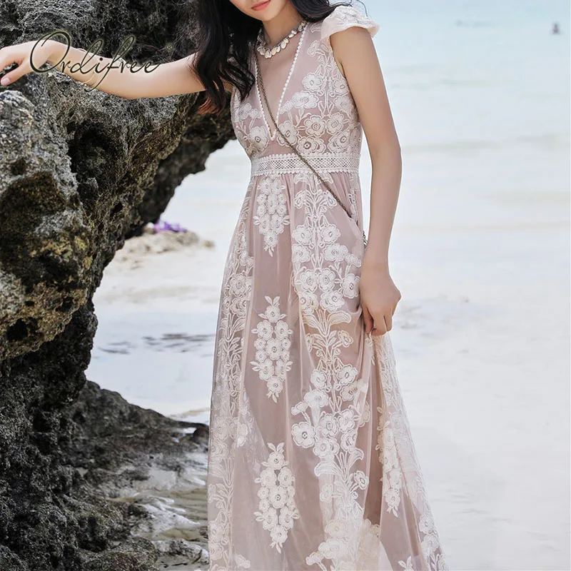 

Ordifree 2021 Summer Vintage Women Embroidery Maxi Dress Floral Embroidered Sexy Long Beach Dress