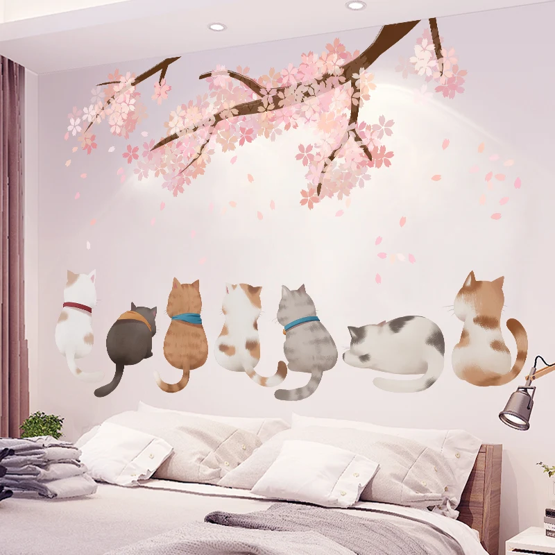 Кошка под цветком вишни Наслаждайтесь цветами вместе наклейки на стену для