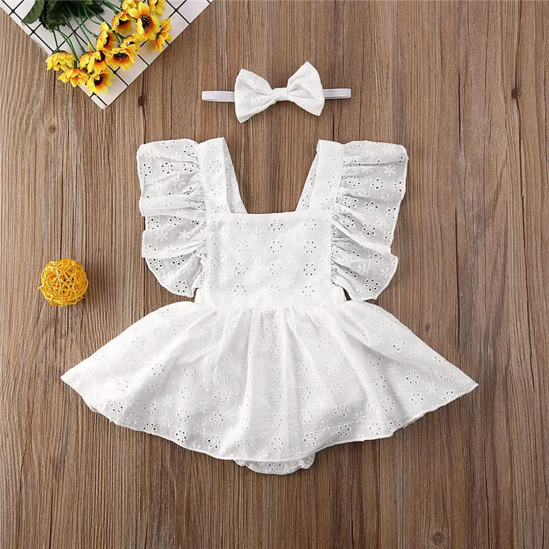 

Baby Girls White Ruffle Romper Dress Sleeveless Lace Solid Color Summer Tutu Bodysuit+Bowknot Headband