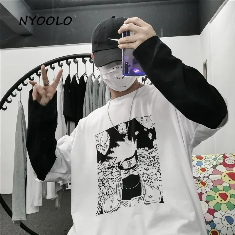 NYOOLO Harajuku уличная винтажная Аниме Наруто печать поддельные две части Лоскутная футболка осень длинный рукав футболка для женщин и мужчин