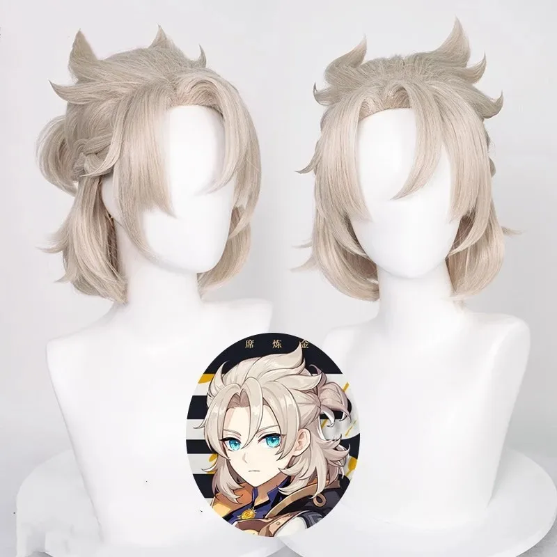 

Genshin Impact Albedo косплей парик короткие льняные золотые термостойкие синтетические волосы парик + парик Кепка