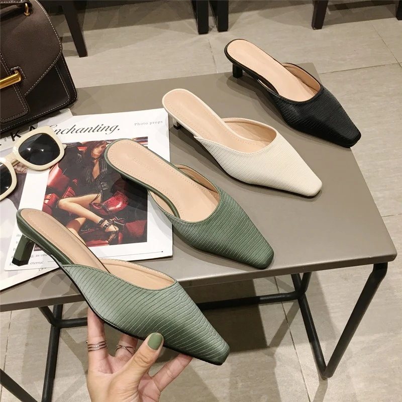Элегантная обувь для женщин зеленые черные бежевые тапочки мюли на низком