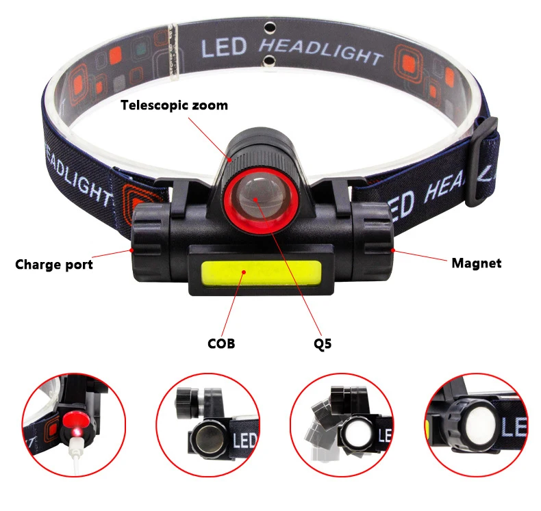 XP-G Q5+COB Zoomable Led Headlamp Head Flashlight Lamp Headlight Built in Rechargeable 18650 Battery Working Portable Light | Лампы и