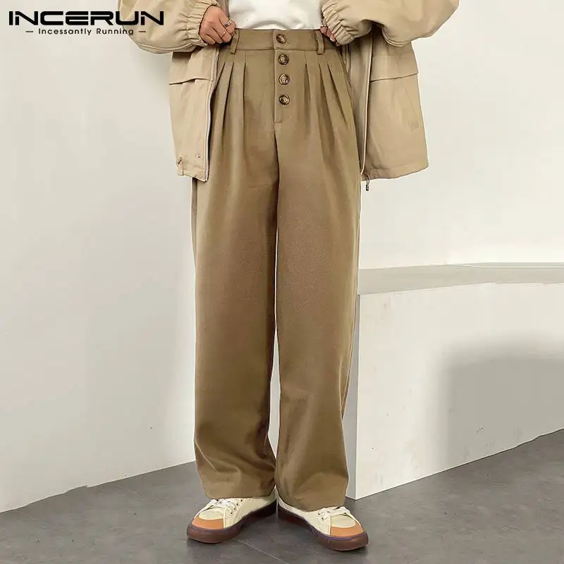 

Брюки мужские прямые с завышенной талией, стильные мешковатые джоггеры на пуговицах, в Корейском стиле, повседневные однотонные уличные шт...