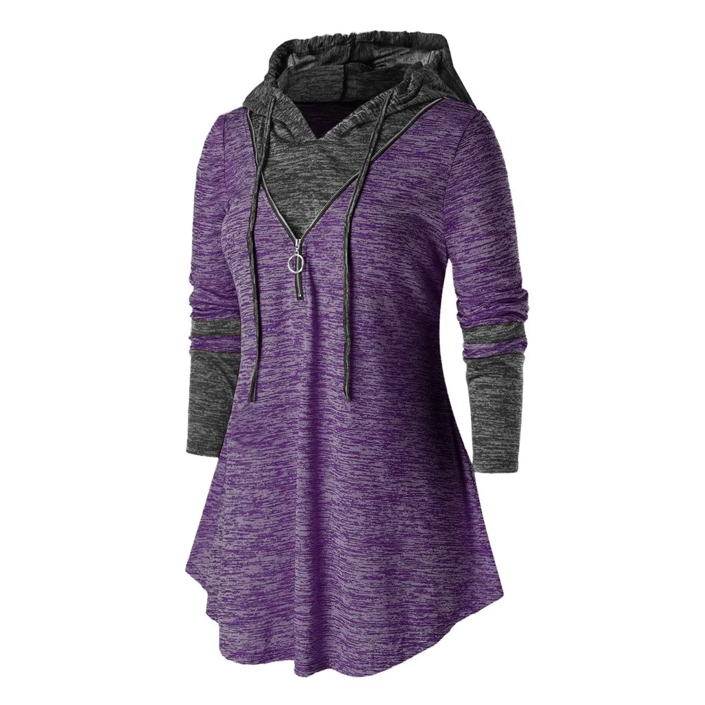 Женская блузка размера плюс с длинным рукавом капюшоном на молнии рубашка для