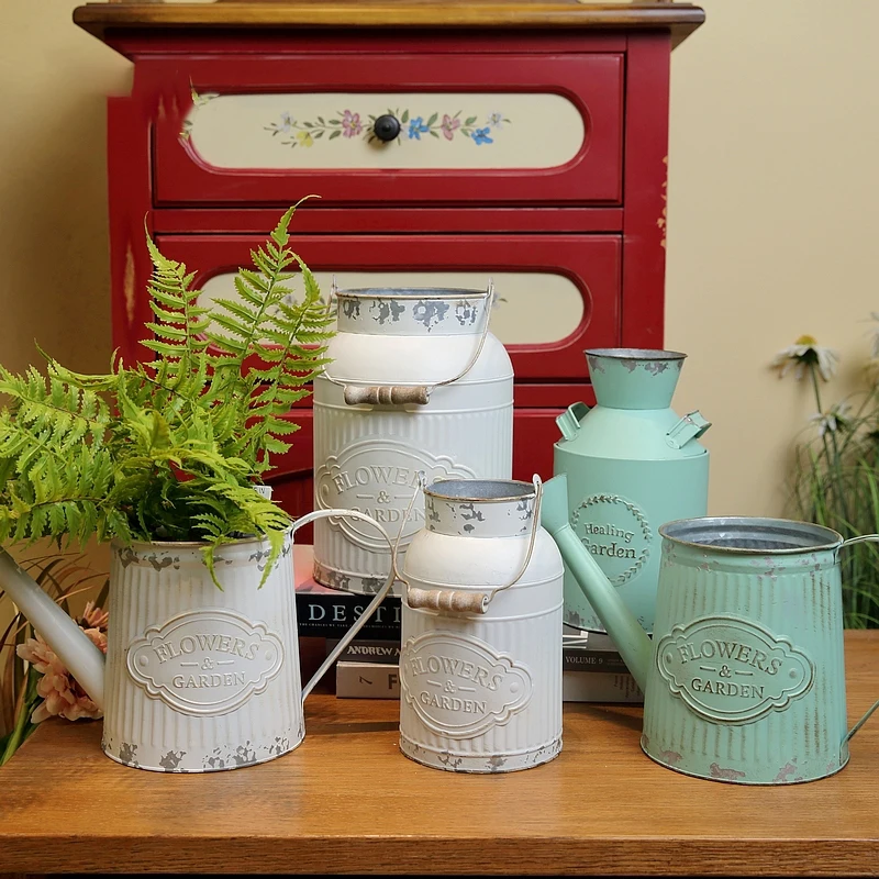 

Flower Bucket Retro Iron Bucket Flower Pot Vase Decoration Ornaments Rural Style Milk Pot Bucket for Home Garden