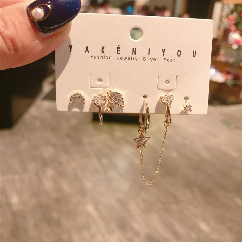 

Trend 6pcs/set of cosmic stars and moon small love studs earrings personalized Korea hoop earrings fashion jewellery women girl