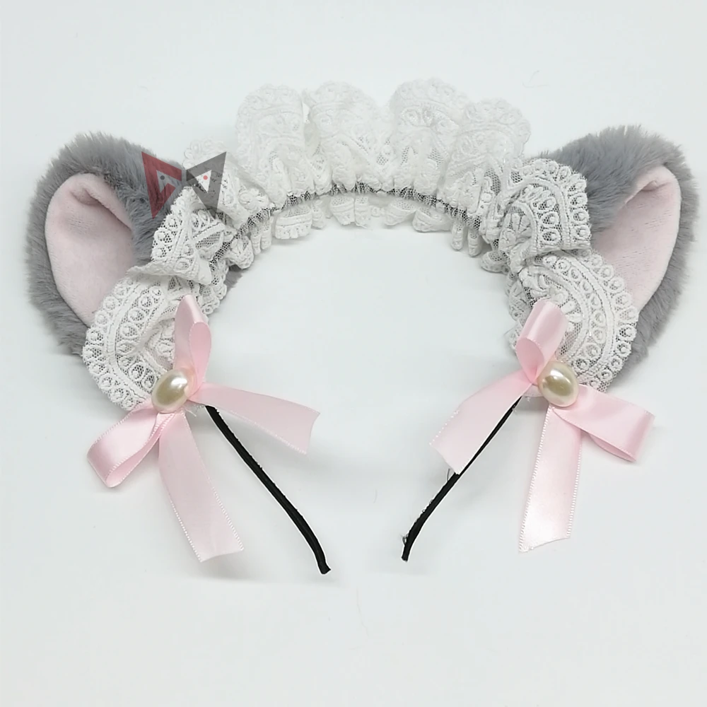 Новинка головной убор с кошачьими кружевными ушками обруч для волос серым мехом