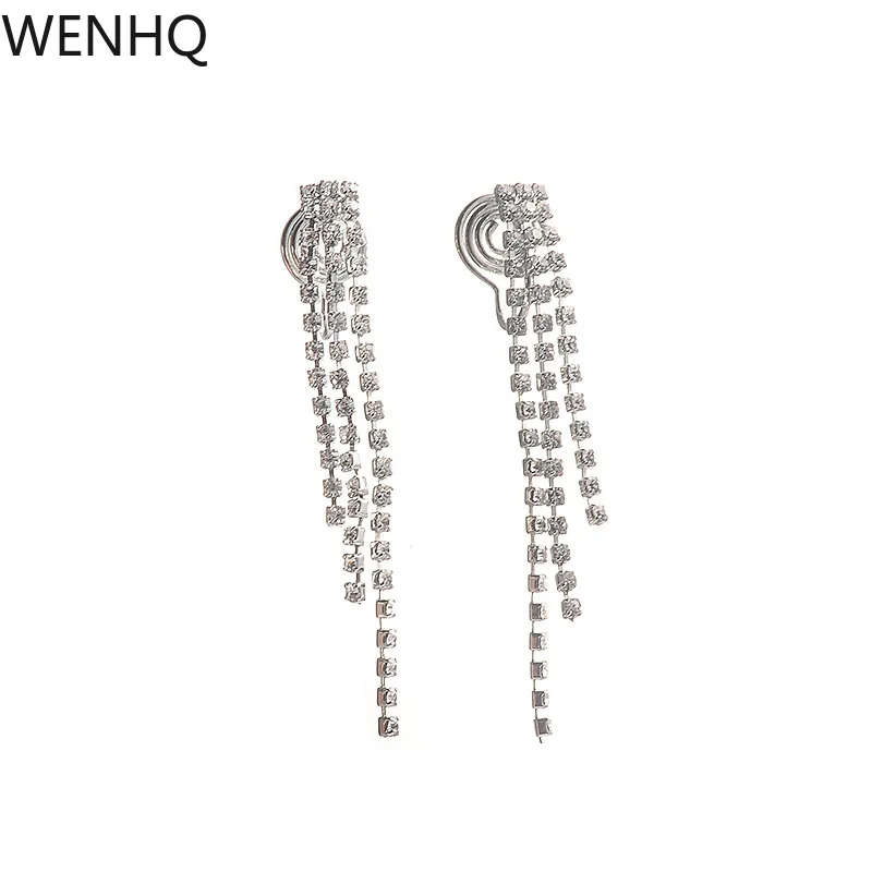

WENHQ посеребренные длинные серьги-клипсы с кисточками для женщин модные стразы висячие серьги легкая Москитная Катушка клипса для ушей