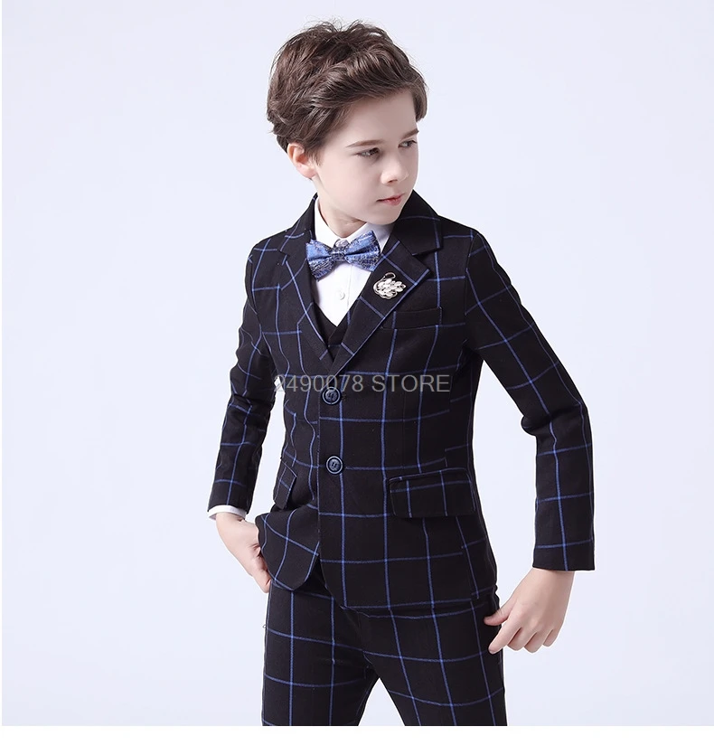 

Детский клетчатый пиджак, жилет, штаны, галстук-бабочка, платье из 4 предметов, роскошный свадебный костюм для мальчиков с цветами, детский праздвечерние чный костюм для выступления на пианино