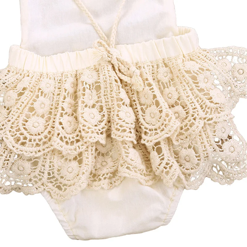 

Newborn Baby Bodysuits Lace Sleeveless Jumpsuit Leaf Collar Skirt Halter Clothes Girl Bodysuit1