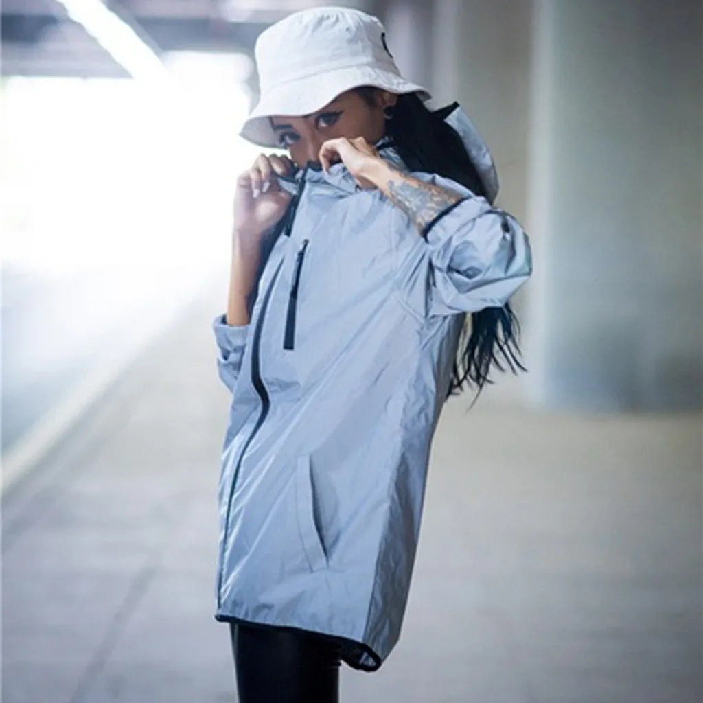 

New full reflective jacket men / women harajuku windbreaker jackets hooded hip-hop streetwear night shiny zipper coats