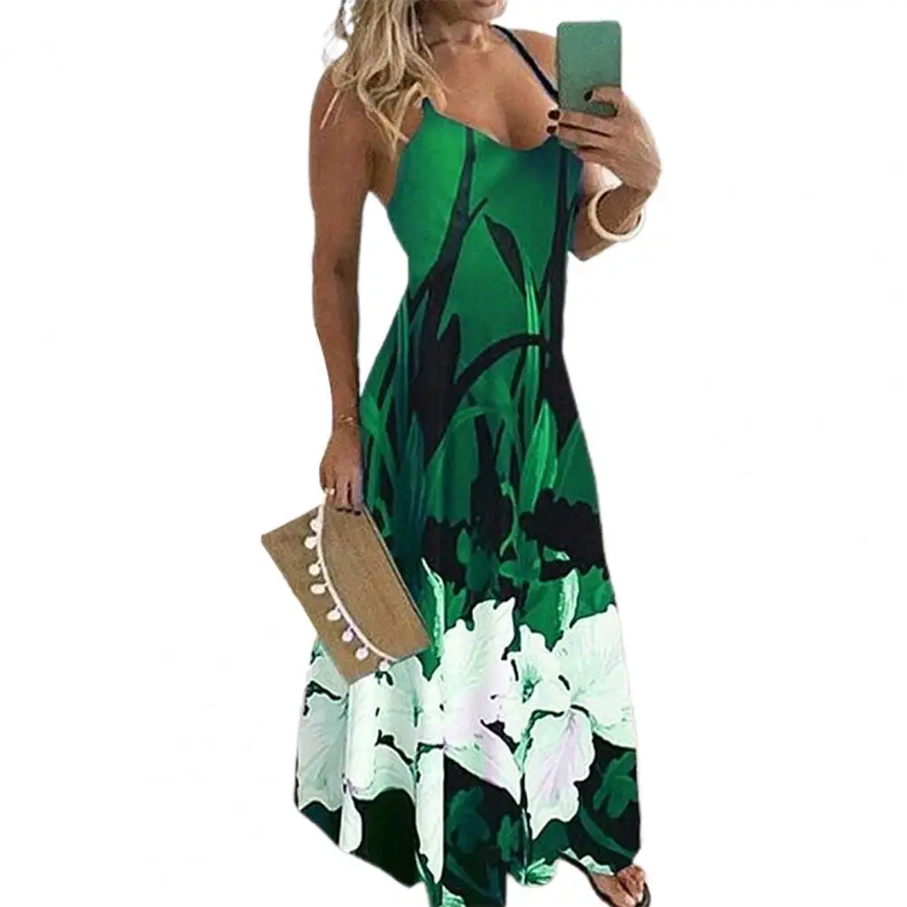 

Women Sexy Sleeveless Dress Floral Printing Tight Waist U Neck Sling Dress for Beach 2021 Summer Long Length Slim Casual Dress