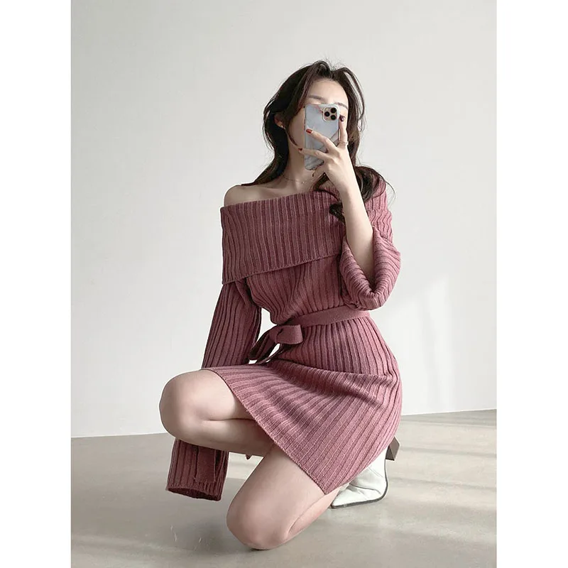 

Women Knitted Belt Long Sleeve Slim Elasticity Elegant Dress Autumn Winter Korean Slash-Neck Sexy Temperament Bodycon
