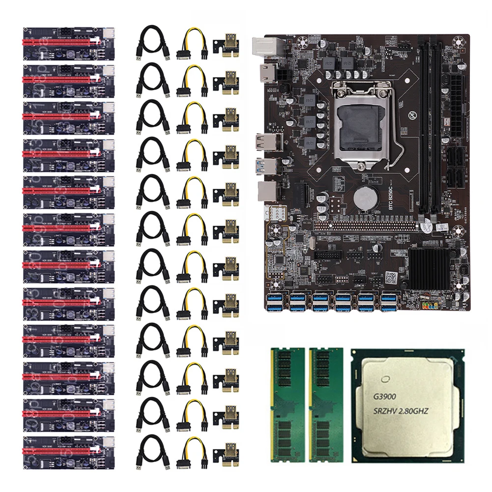

Материнская плата для майнинга B250C BTC 12P + процессор G3900 + память 2x DDR4 8 ГБ + адаптер 12x009S LGA1151, компьютерная плата для майнинга SATA