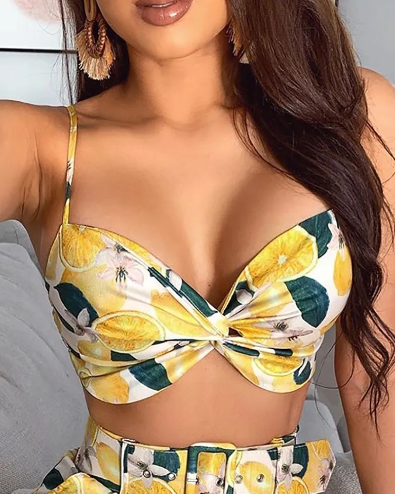 Fruits Print Spaghetti Strap V Neck Crop Tops &amp High Waist Belted Shorts Sets Casual Summer 2 Piece Outfits for Women Beachwear | Женская