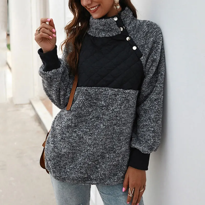 

Women Long Sleeve Patchwork Fahsion Autumn Winter Pullover Turtleneck Black Ladies Plush Warm Tops Clothing Casual Sweatshirts