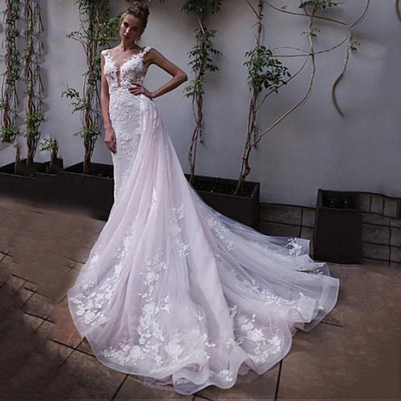 

MNGRL Luxury Retro V-neck Sleeveless White Lace 3D Flower Mermaid Backless Wedding Dress Plus Size Bridal Dresses