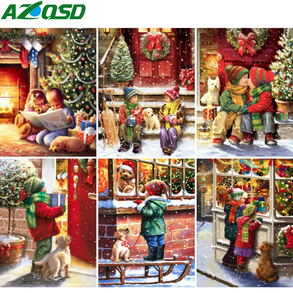 

AZQSD Diamond Embroidery Christmas Child Dog Mosaic Rhinestones Full Drill Diamond Painting Girl Portrait Handicraft Home Decor