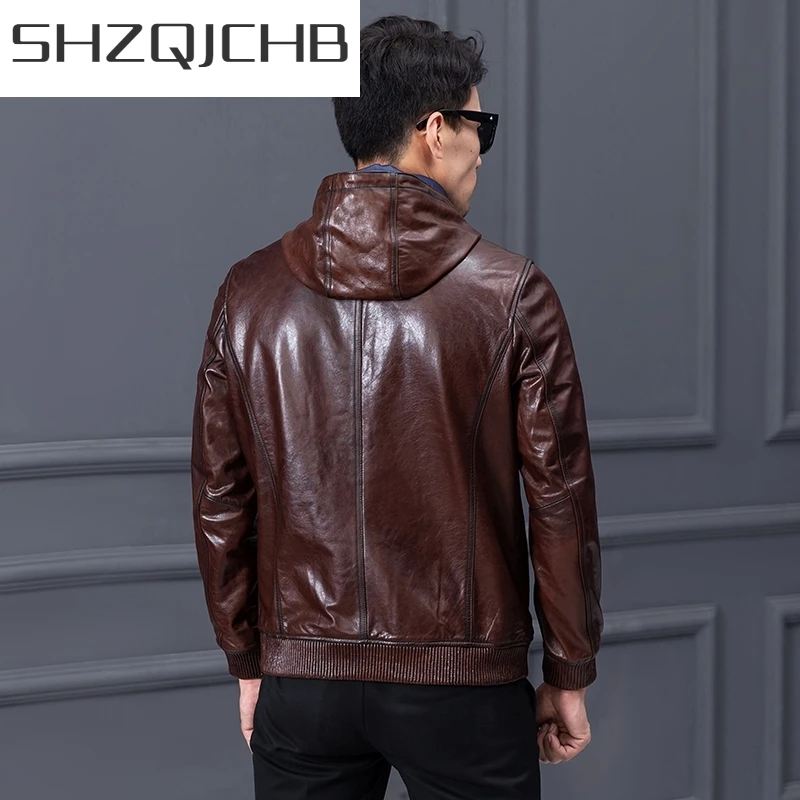 

JCHB 2021 High Quality Mens Casual Genuine Leather Jackets Short Loose Pockets Zippers O-Neck Natural Cowhide Hooded Vintage Out