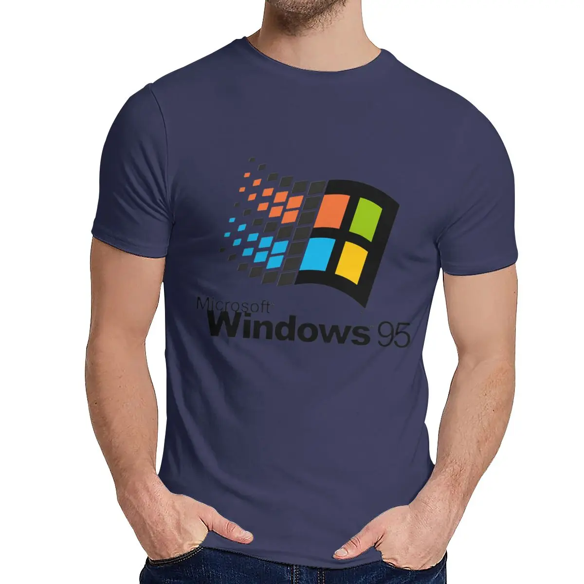 Винтаж Windows 95 Vaporwave футболка для мужчин лето прохладный человек хлопок короткий рукав круглый воротник - Цвет: Тёмно-синий