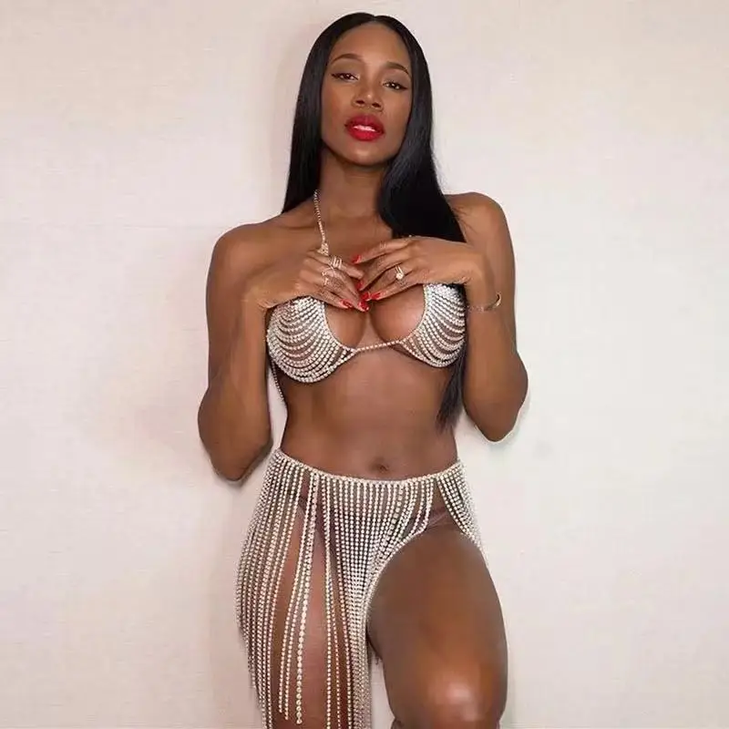 

Luxury women's shiny crystal body chain bra and skirt set Sexy Club Dress birthday party deep V vest tassel skirt two-piece set