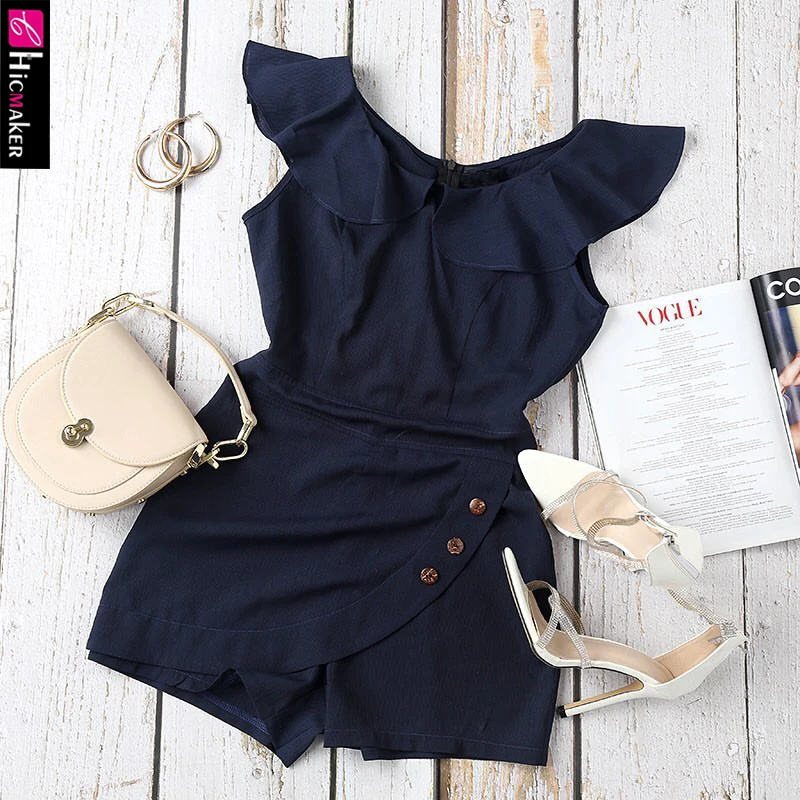 Женский комбинезон с круглым вырезом и оборками на пуговицах шикарный