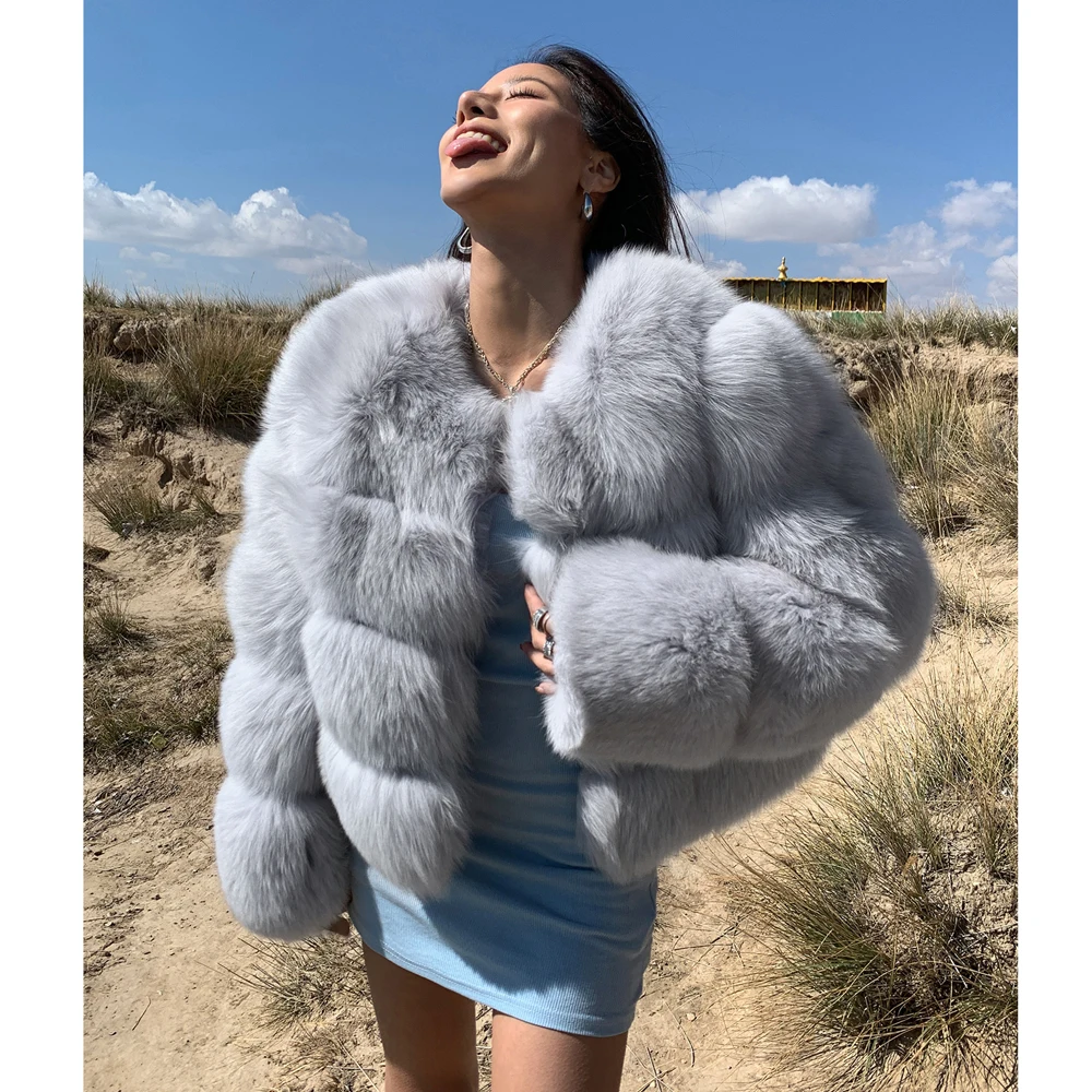 Women Natural Short Fox Fur Coat O-neck Winter Fashion Whole Skin Genuine Fox Fur Jacket 2022 New Trendy Real Fur Overcoat Woman
