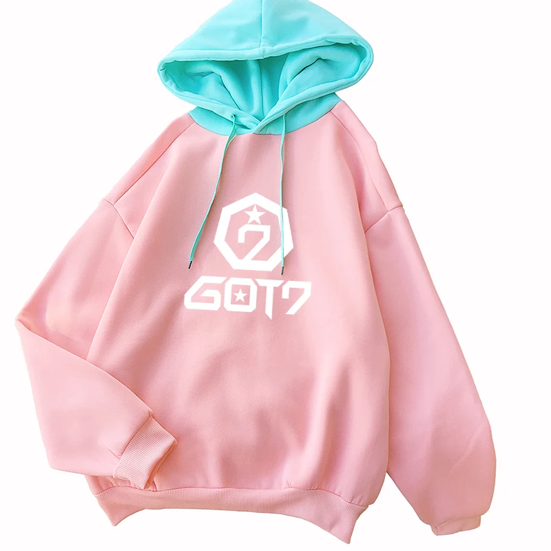 

Women Kpop Hoodies Casual Korean Got7 Fans Sweatshirt Autumn Winter New Fleece Drop Shoulder Hit Color Patchwork Hooded Pullover