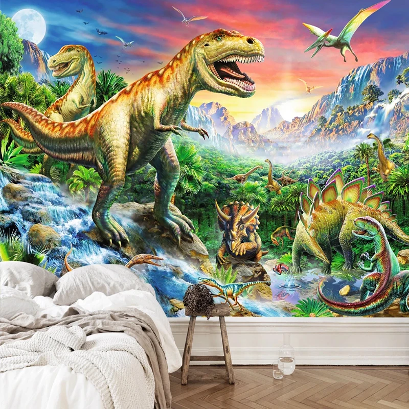 

Custom Self-Adhesive Waterproof Mural Wallpaper 3D Stereo Cartoon Dinosaur Forest Wall Painting Kid's Bedroom Removable Stickers