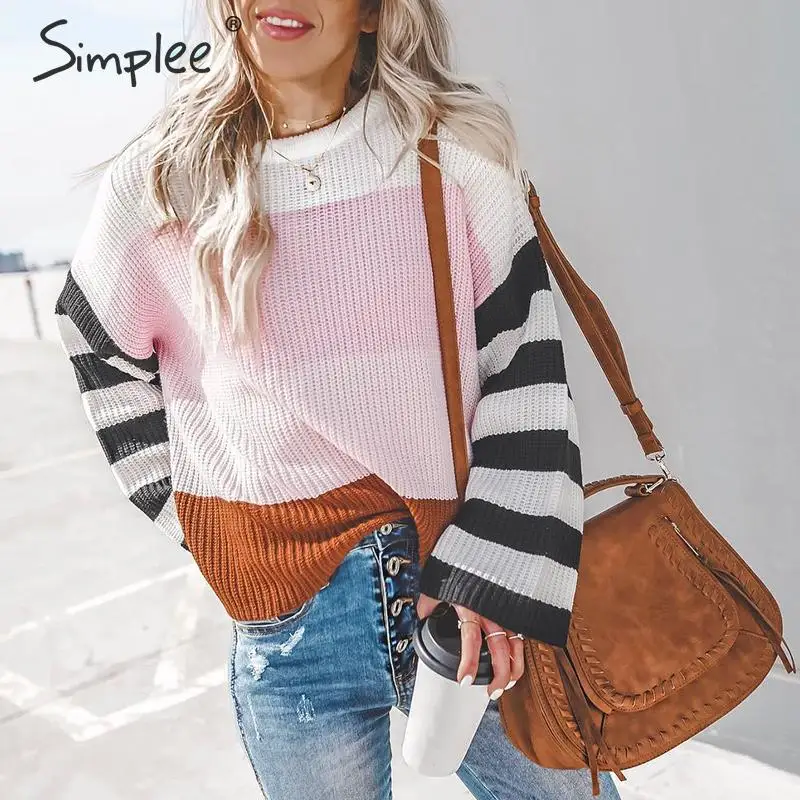 Simplee полосатый Повседневный пуловер с круглым вырезом женский свитер осень зима