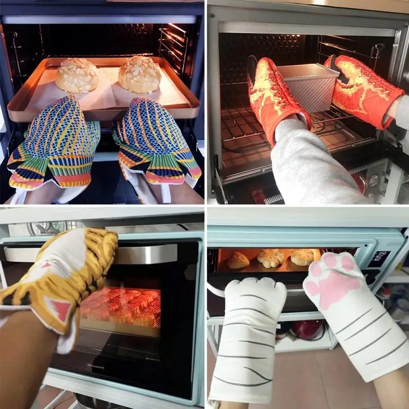 3D Cartoon Cat Paws Oven Mitts Long Cotton Baking Insulation Gloves Microwave Heat Resistant Non-slip Kitchen | Дом и сад