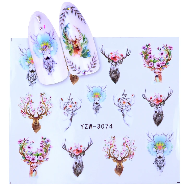 YZW-3074 1 Sheet Xmas Sticker for Nail Decals Snow Flower Deer Beauty DIY Watermark Nail Art Christmas New Year Decor - Цвет: YZW-3074
