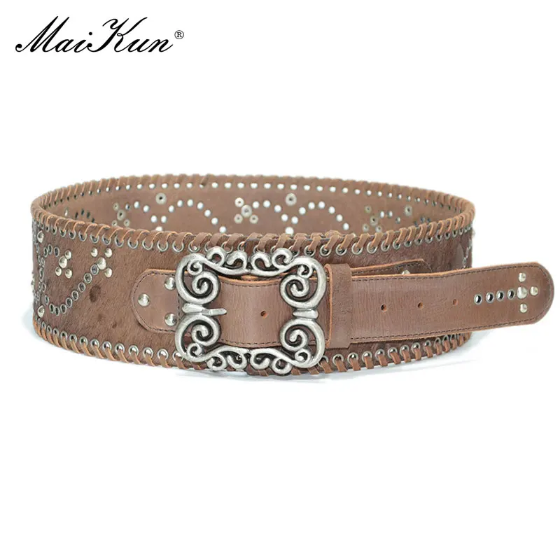 Maikun Women's Cowskin Wide Belt European And American Personality Vintage Style Real Cowhide Horsehair Decoration  Waistband fashion european and american style waistband dress manual sequins decorated belt accessories