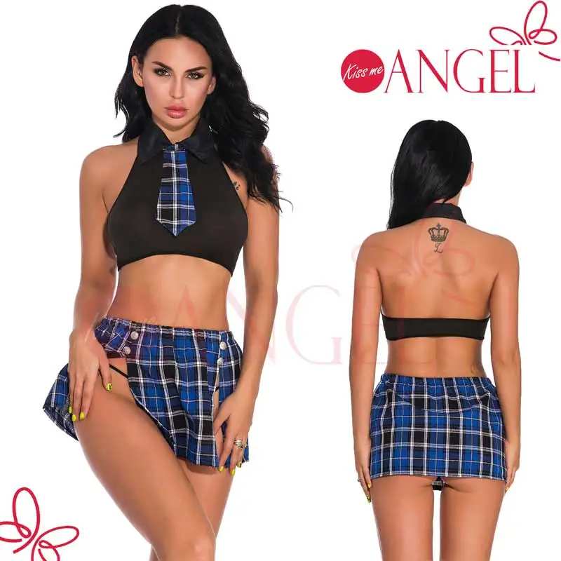 KISS ME ANGEL perspective bra set top grid skirt naughty school girl sexy costume |